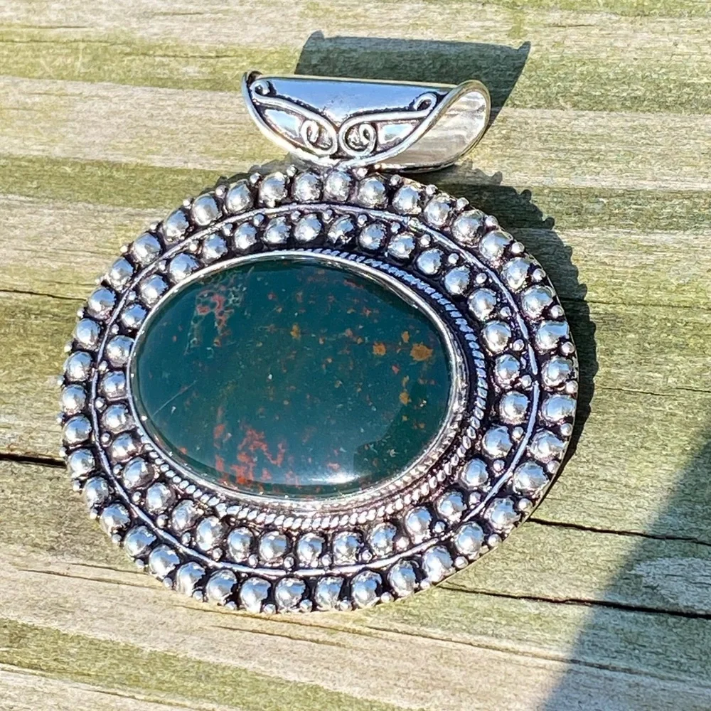 💕Large Oval genuine Bloodstone slider pendant .925 Sterling Silver - Picture 9 of 9
